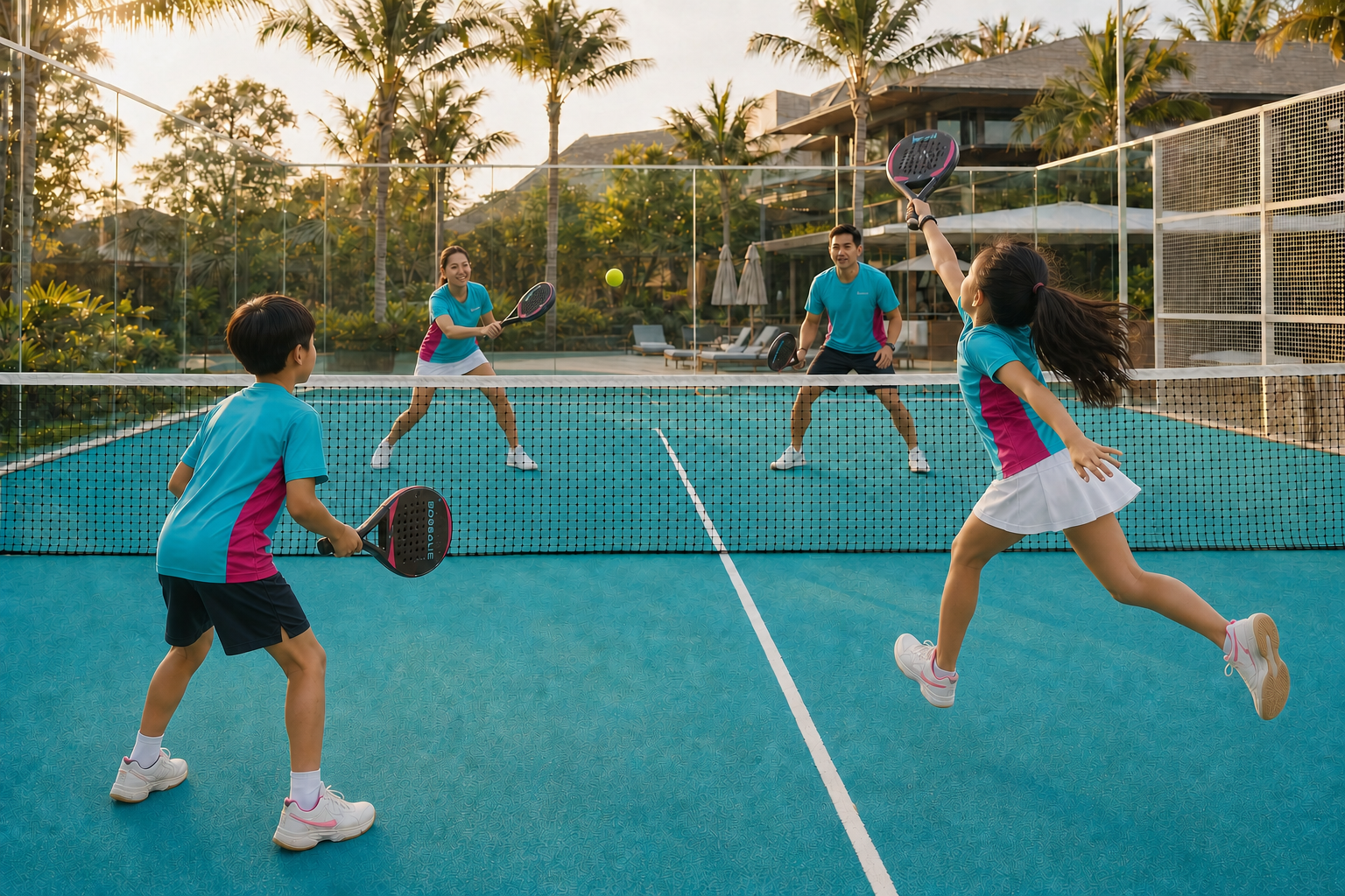 Girl making an overhead padel smash with the ball travelling toward her mother at the net